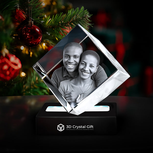 3D crystal gift with a photo of a couple on a Christmas tree