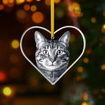 Heart-shaped ornament with a cat's face on a blurred Christmas tree.
